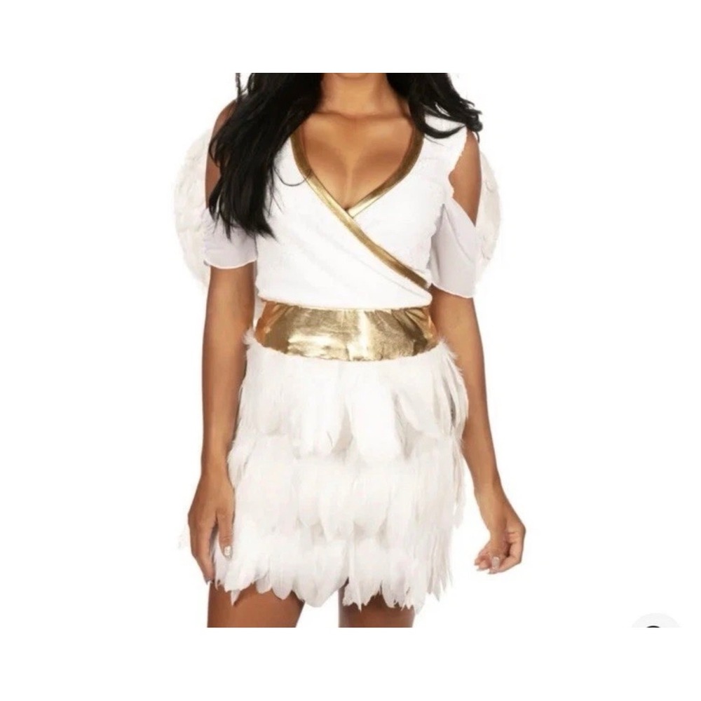 Tipsy Elves Angel Costume Dress White Sequin Feather Gold Trim XS TE-HWD106XS